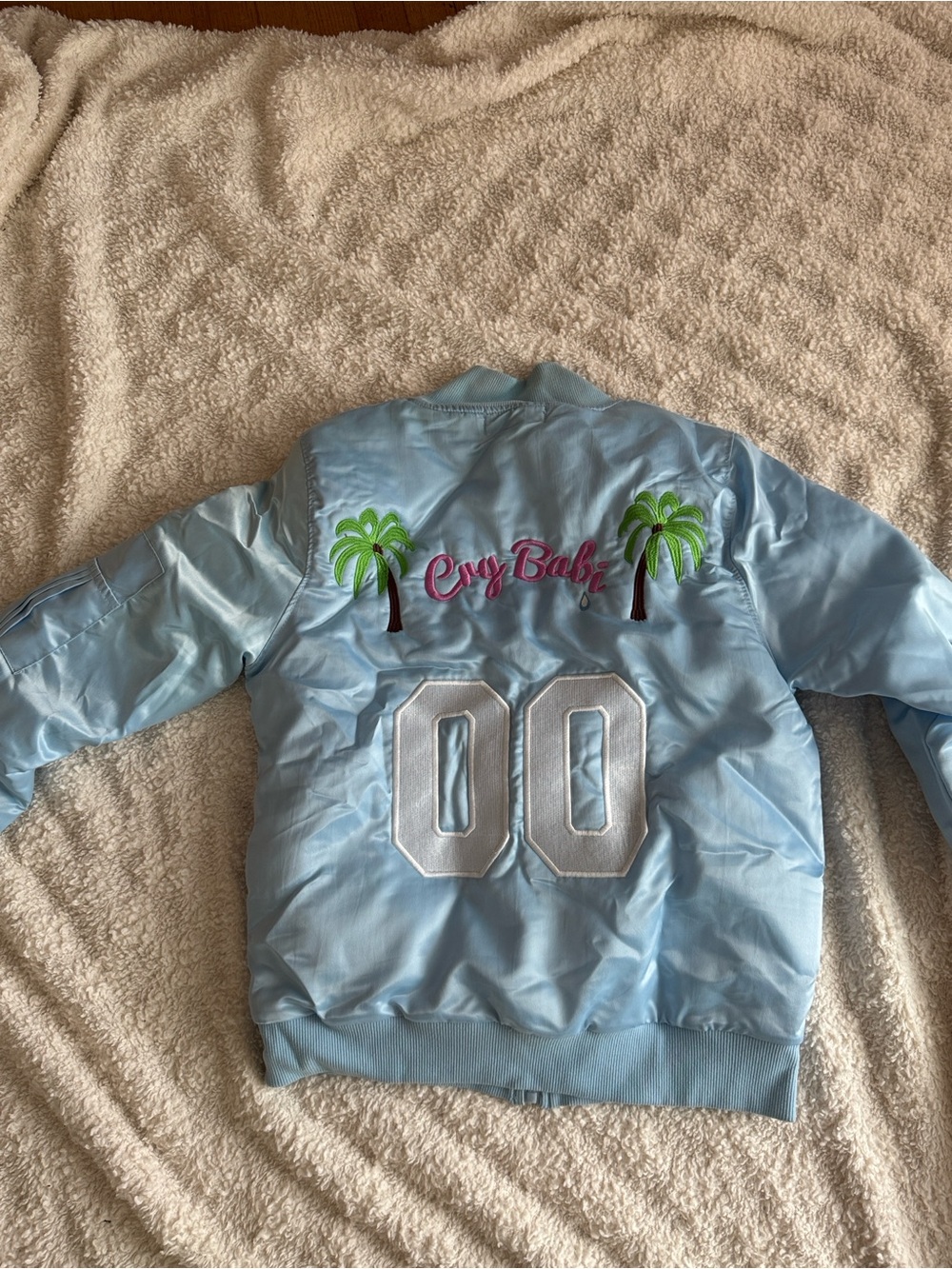 Baby blue Cry baby Satin Bomber Jacket